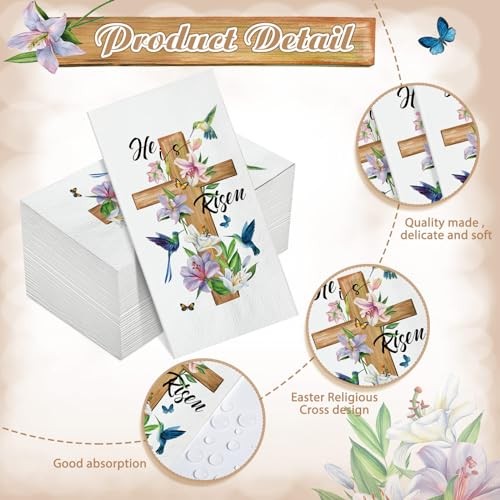100 Pcs He Is Risen Napkins Bulk Spring Easter Dinner Napkins Jesus Cross