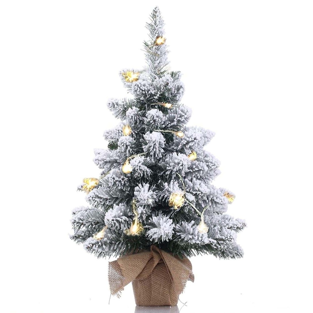 Mini Snow Flocked Christmas Tree with LED Lights Burlap Base