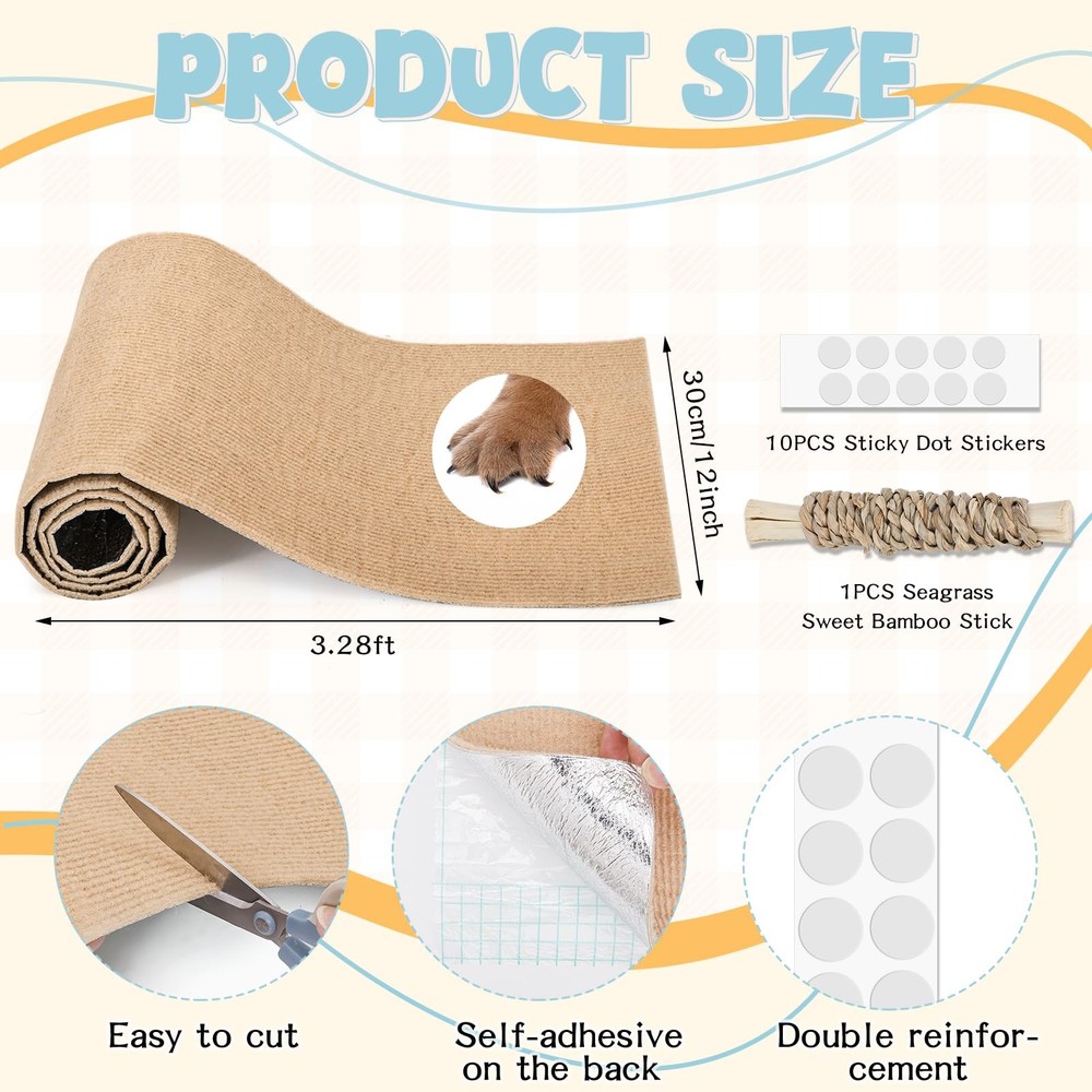 Rabbit Scratch Pad 3.28FT Self Adhesive Cuttable Rabbit Scratching Pad with S...