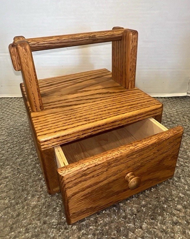 Vintage Wood Sewing Storage Drawer With Removable Spool Thread Holder On Top