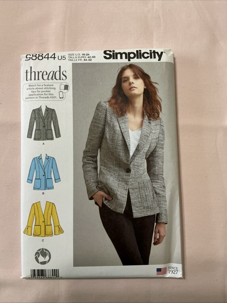 Simplicity 8844 Unlined Blazer Jackets w/ Collar Variations Pattern Size 6-14 UC