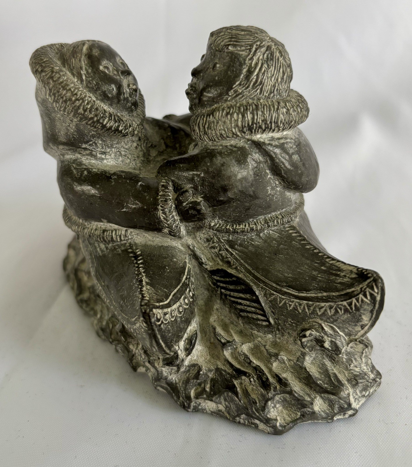 A Wolf Original Soap Stone Sculpture Inuit Man and Woman Canoes 5” Figurine