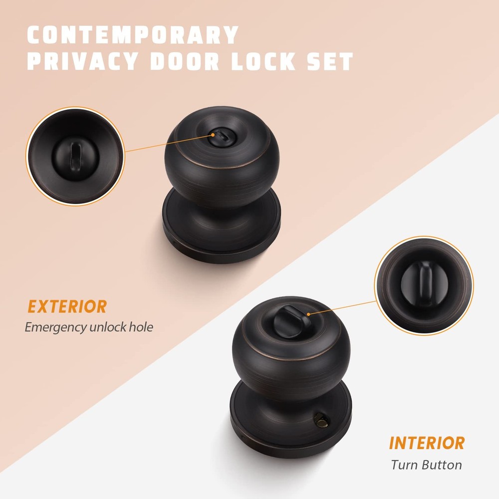 KNOBWELL 3 Pack Privacy Door Knobs with Lock for 3 Pack, Oil Rubbed Bronze