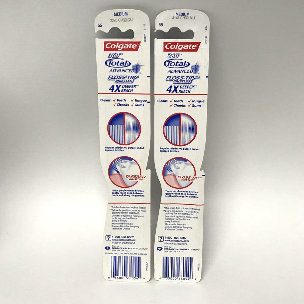 2 Pack X Colgate 360° Total Advanced FLOSS-TIP Toothbrush, Medium Bristles, Blue