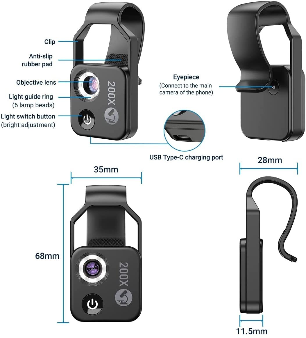 APEXEL HD Digital Mini 200x Magnification Microscope Clip With LED CPL For Phone