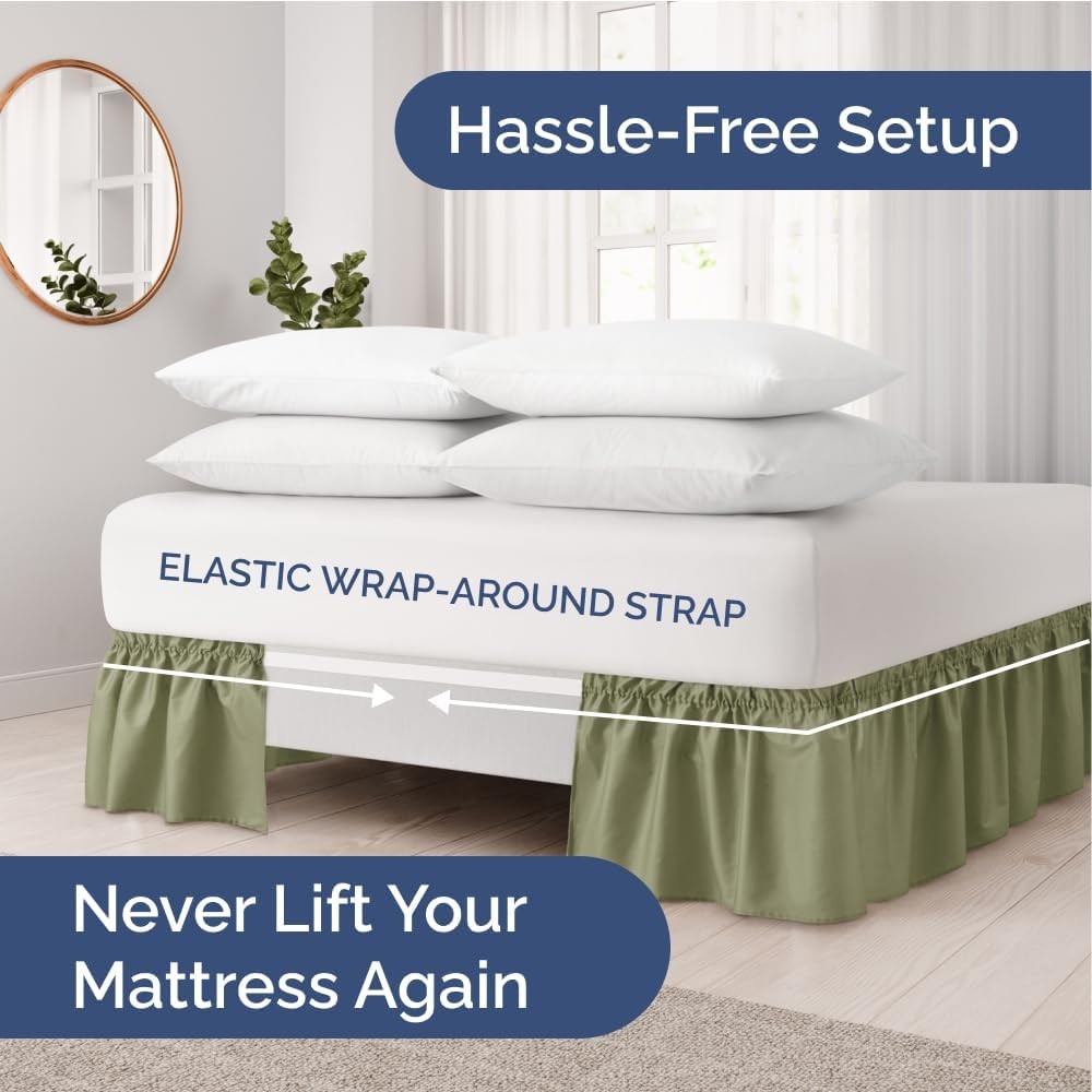 Wrap Around Dust Ruffle Bed Skirt - Sage Green for Queen Size Beds with 12''Drop