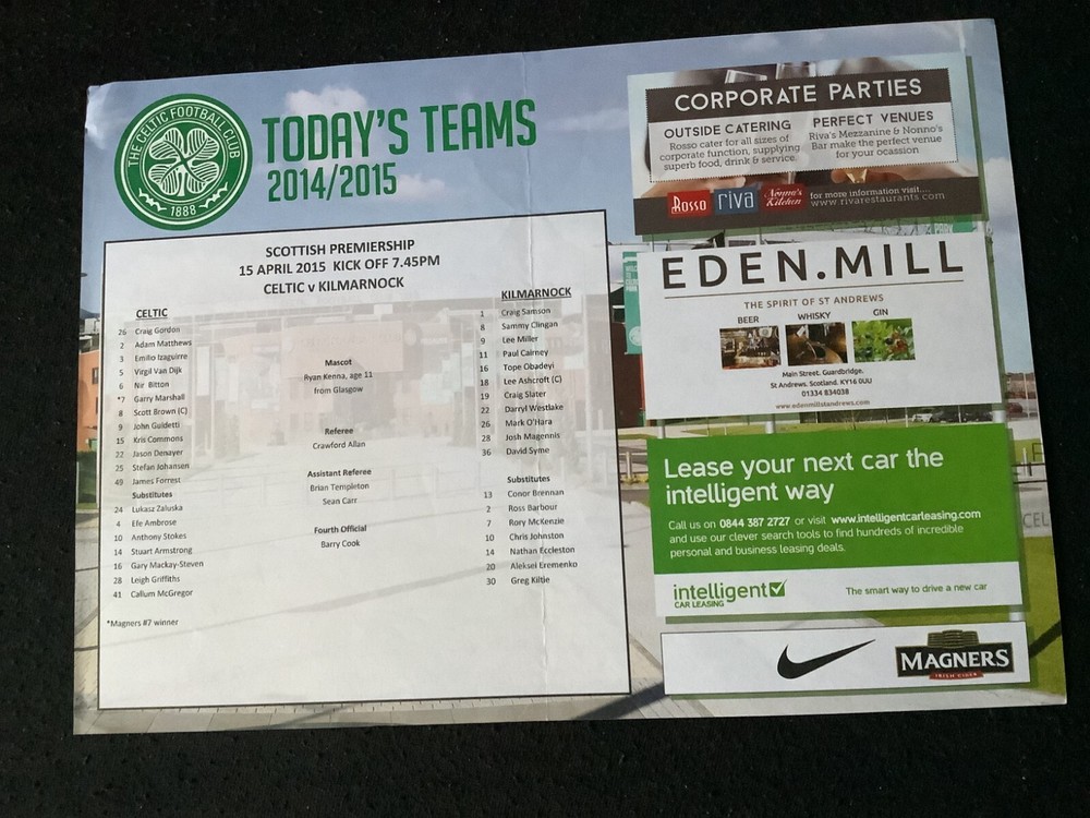 2014/15 Celtic v Kilmarnock April teamsheet