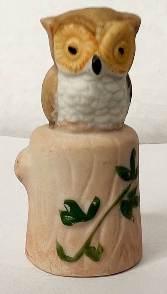 Thimble Owl Sitting on Tree Stump Porcelain