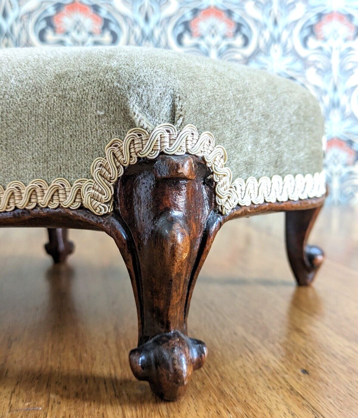 Pair of 19th Century Walnut Wood Cabriole Leg Green Footstools Victorian Antique