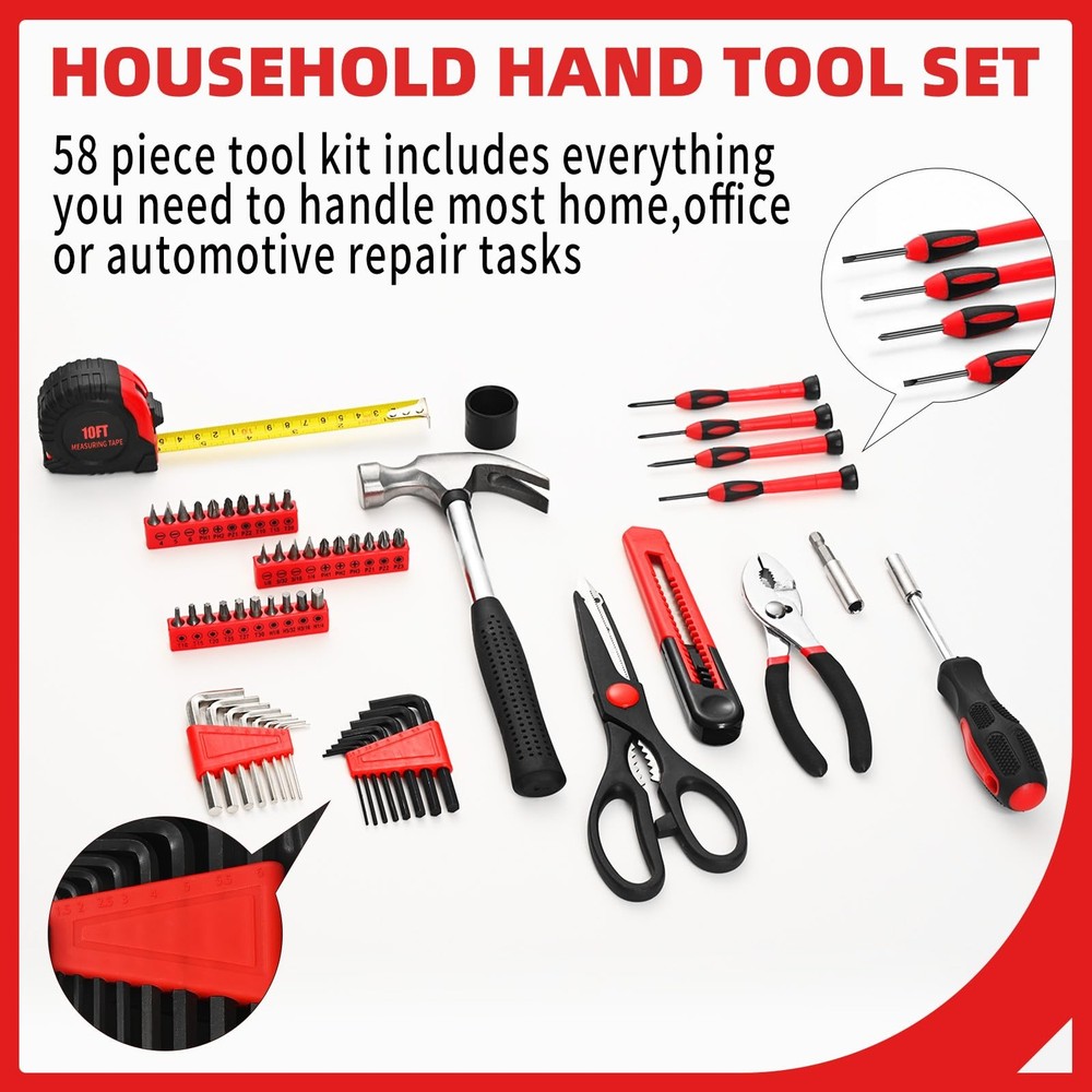 GETFOO 58-Piece Tool Kit Basic Home Repair Set, General 58-Piece, Red