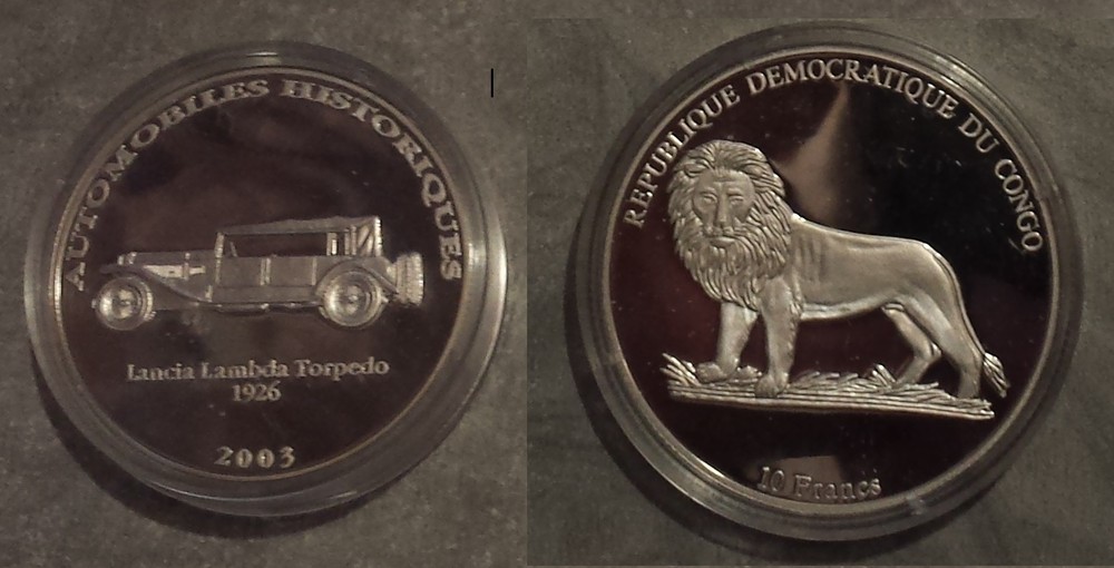 2003 Congo Large Silver Proof 10 Francs-Auto History-Lancia Lambda 1926/Lion