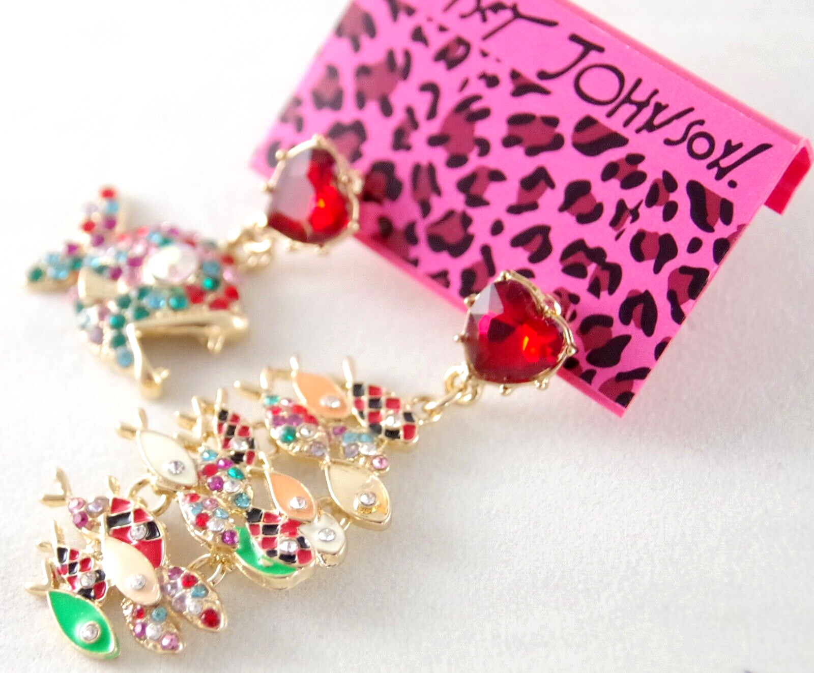 BETSEY JOHNSON ASYMMETRICAL PREDATOR/ SCHOOL OF FISH RHINESTONE DANGLE EARRINGS