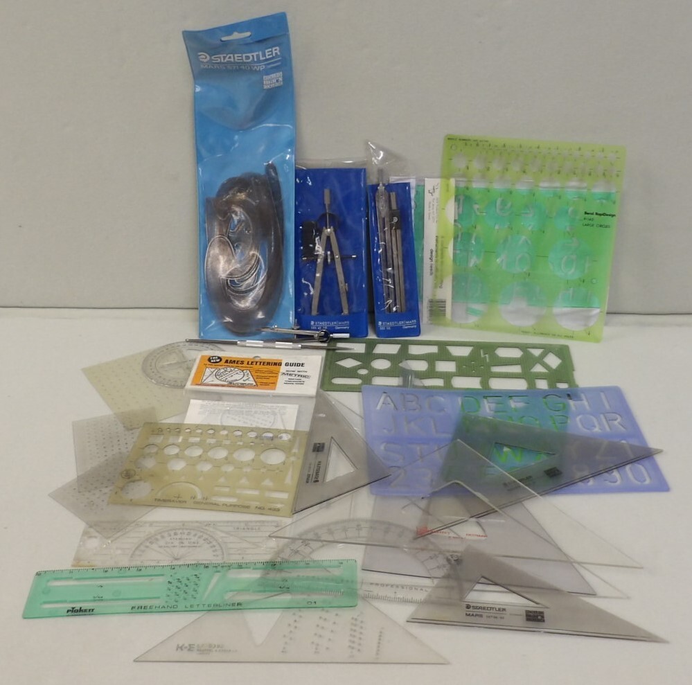 Vintage Drafting Tools Drawing Lot: Compasses, Stencils, Templates & More