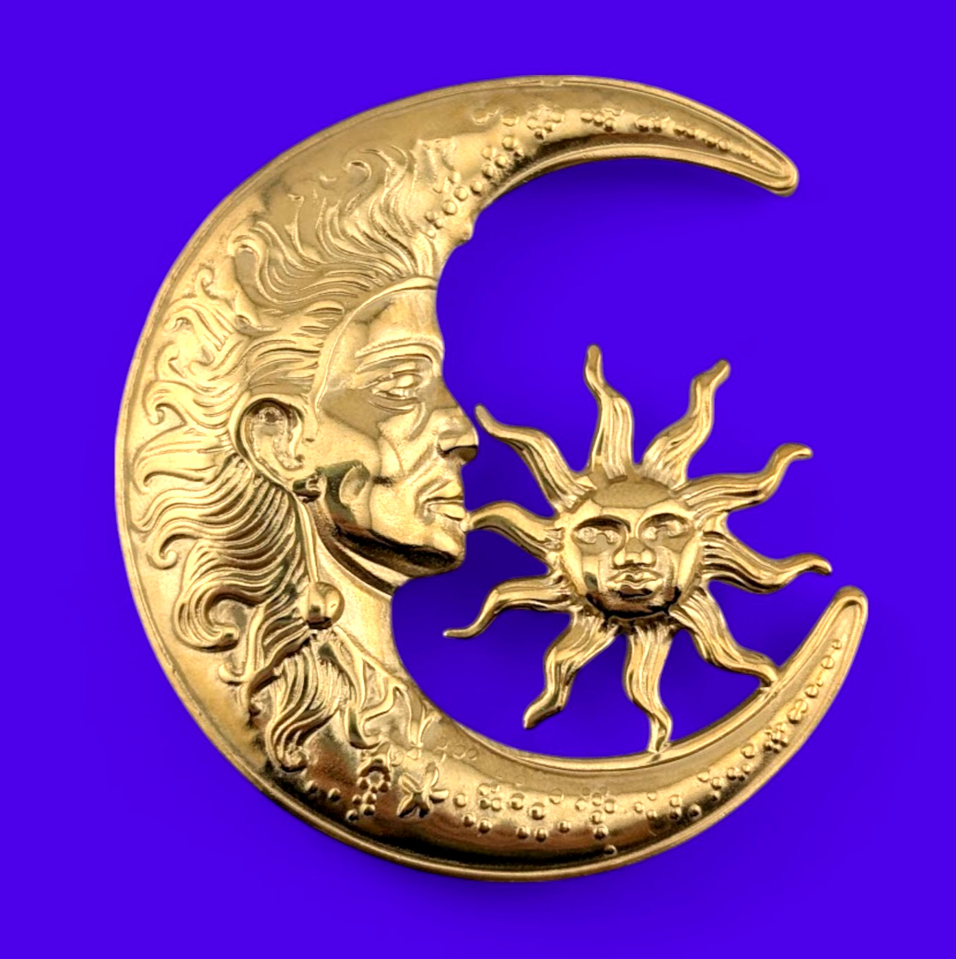 CELESTIAL SUN MOON BROOCH face 90s retro shiny stamped goldtone pin L4