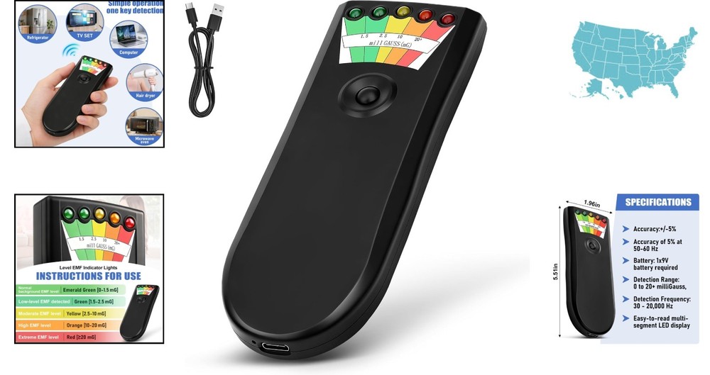 Rechargeable EMF Meter for Ghost Hunting - 5 Level LED Detector, Compact Design