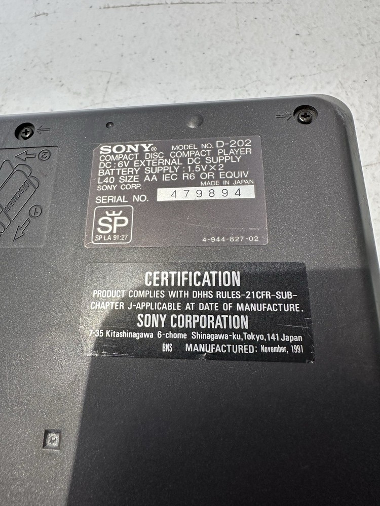 Sony Discman D-202 Compact Disc Player TESTED WORKING