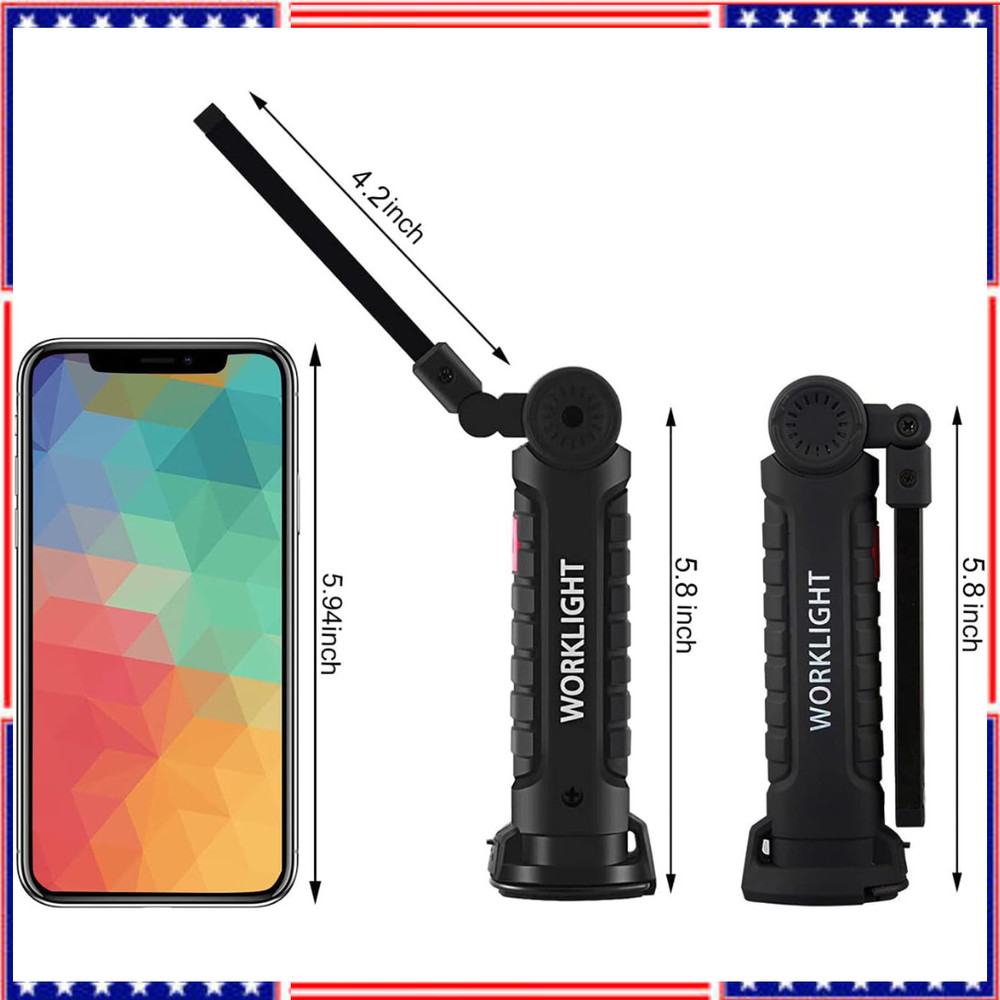 Rechargeable LED Work Light Magnetic Foldable Flashlight with Hook 5 Modes