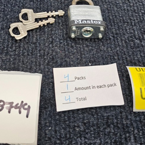 (QTY 4) Master Lock Padlock Rectangular Silver Steel 1-1/8"H W/ Keys