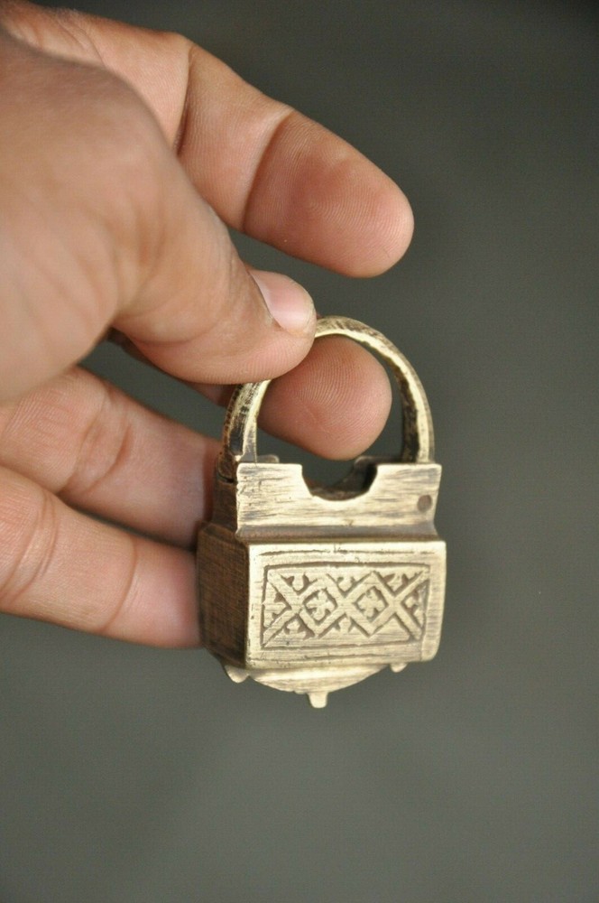 Vintage Brass Handcrafted Engraved Small Unique Shape Screw Padlock