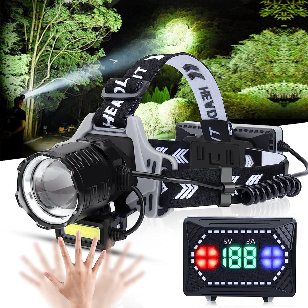 1200 Lumen LED Headlamp Rechargeable Zoomable Waterproof Motion Sensor
