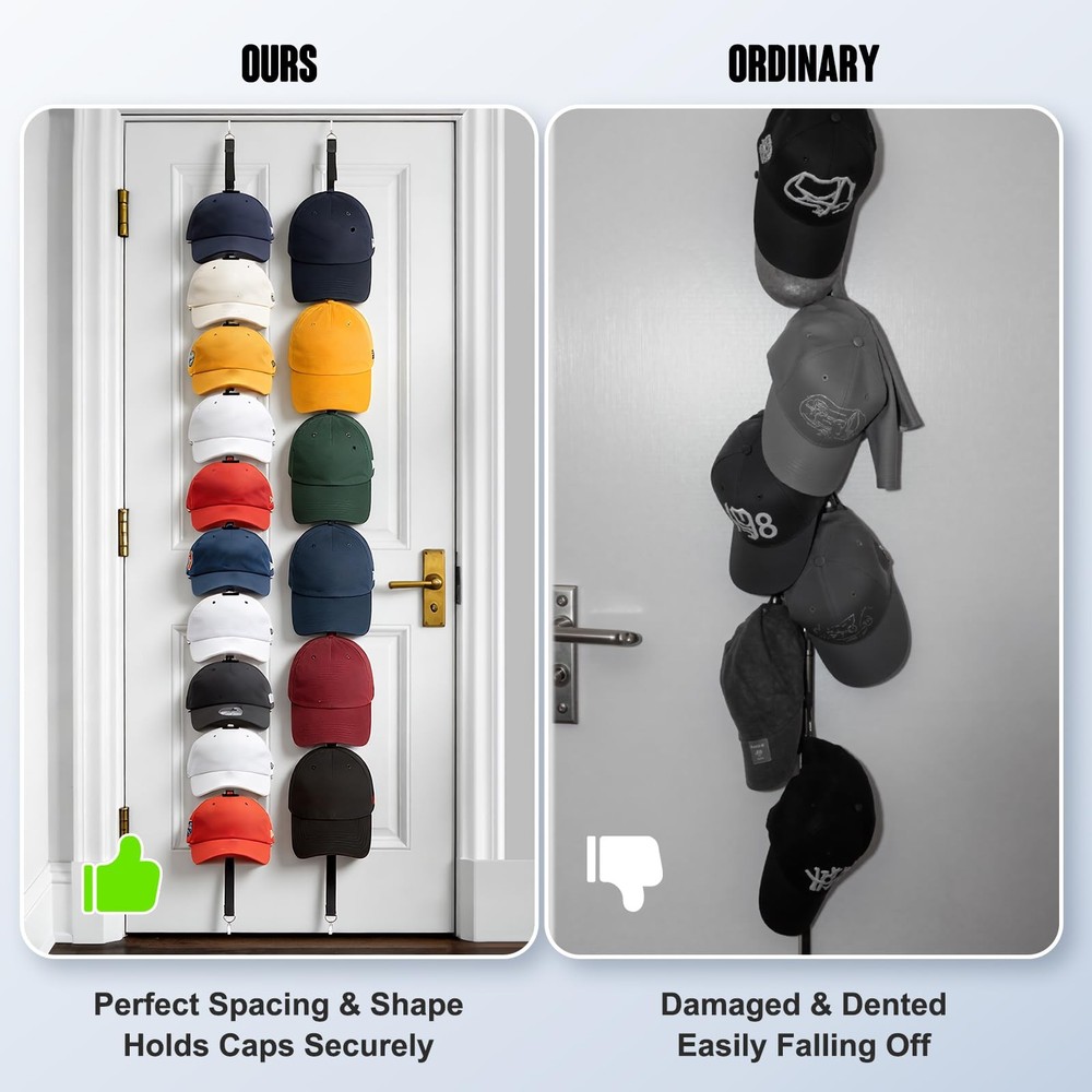 2Pack Hat Organizer for Baseball Caps, Hat Rack for Wall with Display Hooks -...
