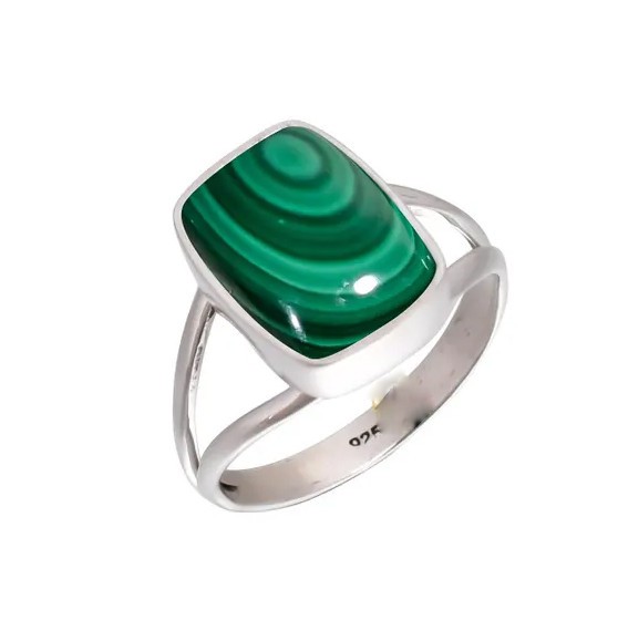 Solid 925 Sterling Silver Natural Green Malachite Rectangle Gemstone Boho Ring