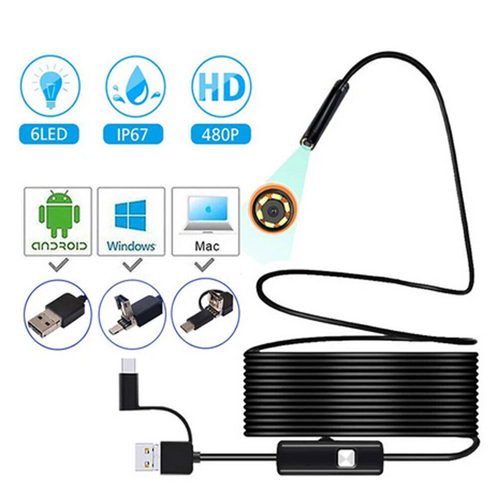7mm Waterproof USB Type-C Endoscope Borescope Snake Inspection Camera Android/PC