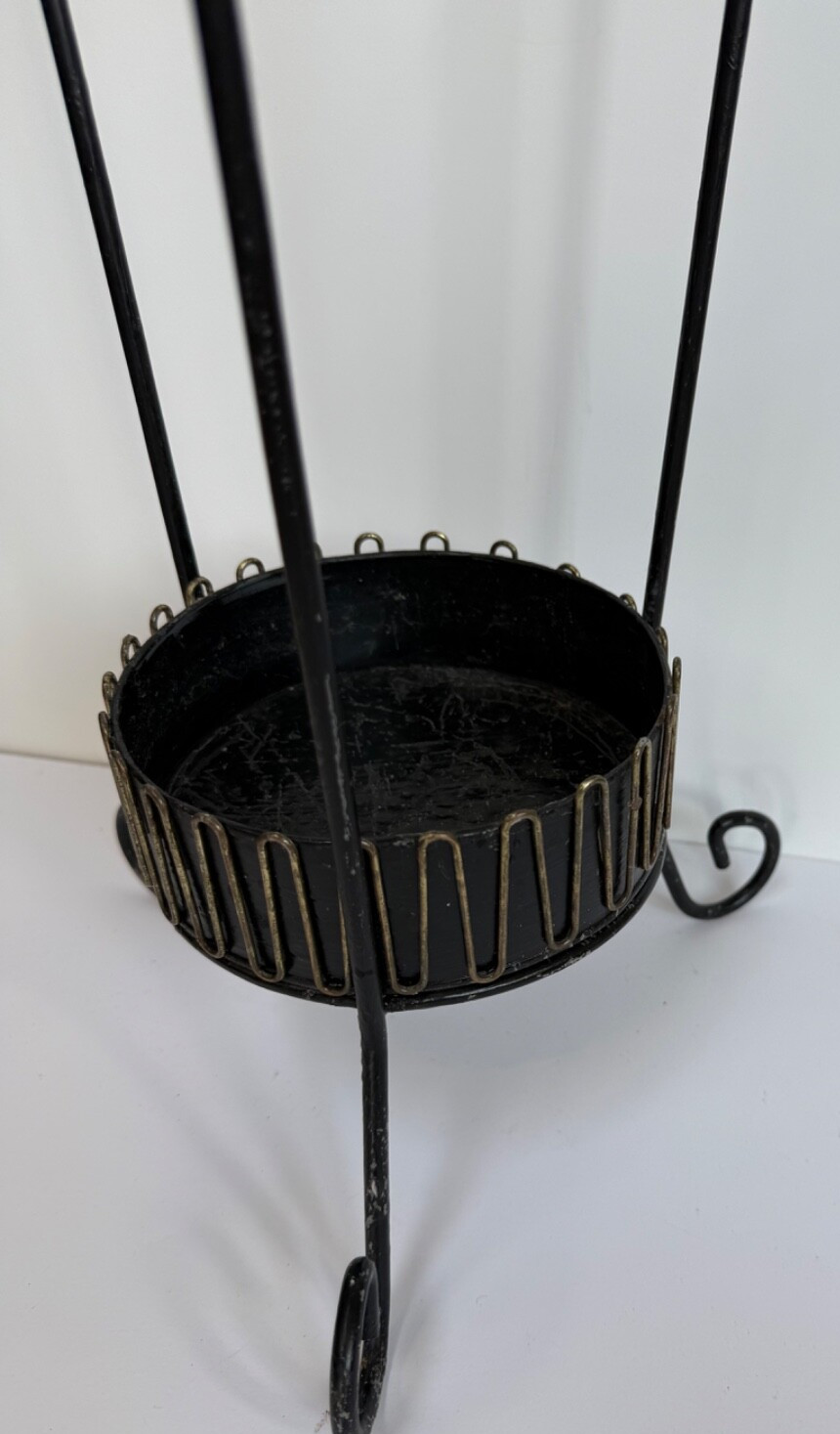 Vtg MCM Umbrella Stand cane walking-stick Holder Black Metal Gold-tone Trim 29"h