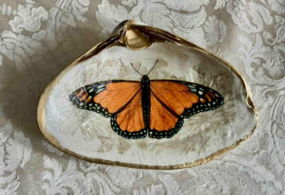 Decoupaged Monarch Butterfly Shell Gold Trim Trinket Holder