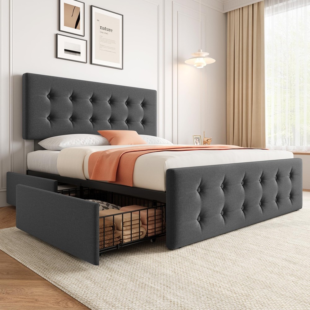Full Size Bed Frame & Headboard Upholstered Platform w/4 Storage Drawers Modern