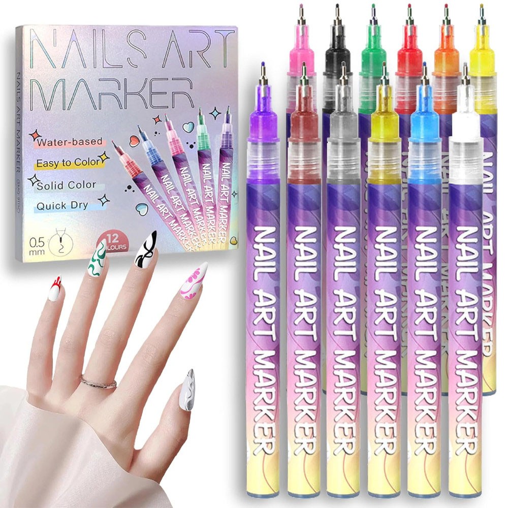 12 Colors Nail Art Pens Set Waterproof 0.5MM Nail Polish Pens Quick-Drying Nail