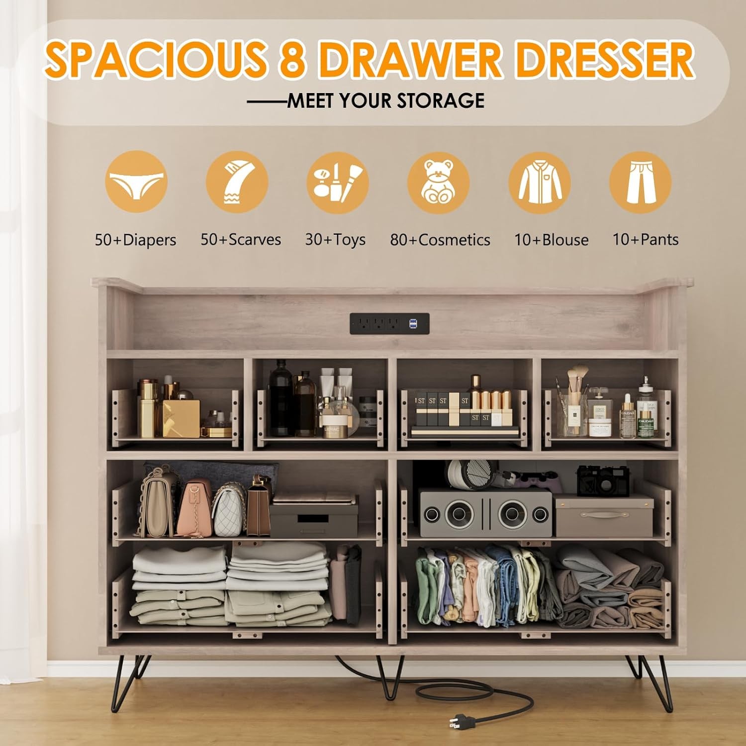 8-Drawer Dresser for Bedroom with LED Light & Power Outlet, 49.1" Wooden Dresser