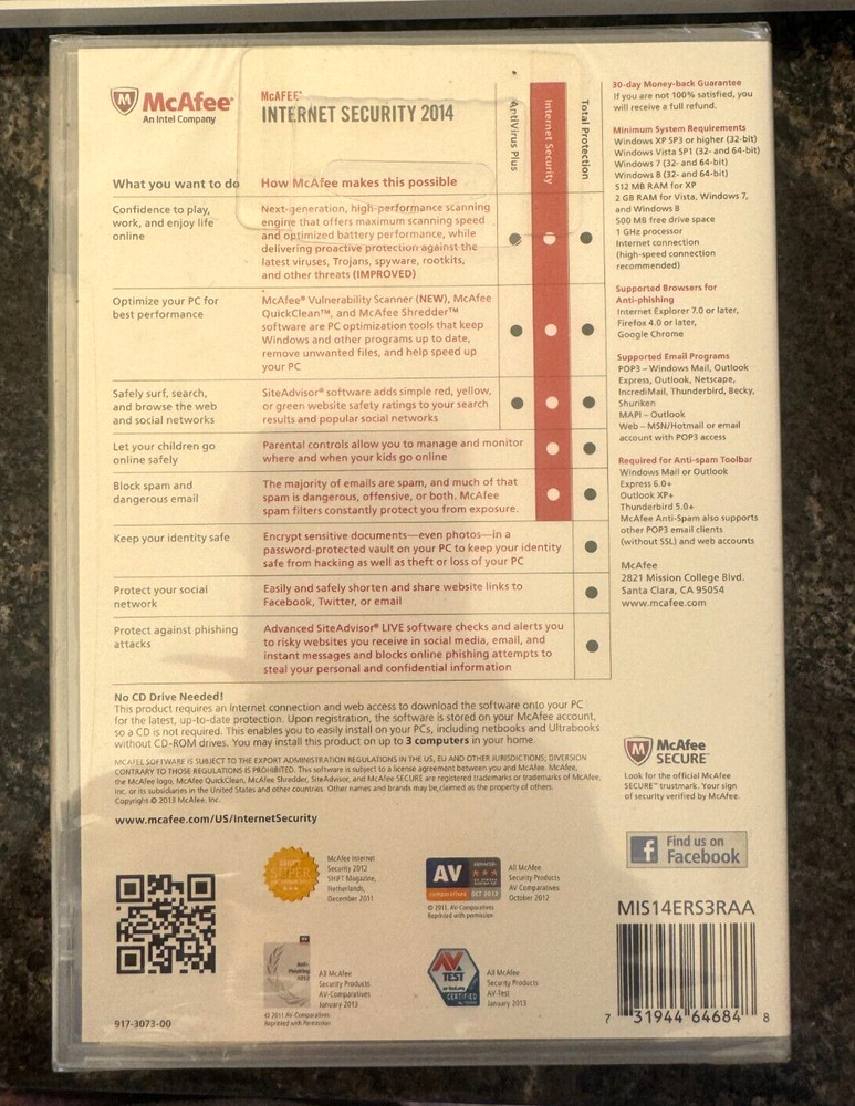 Office McAfee Internet Security 2014 Windows Supported 1 PC Protection sealed
