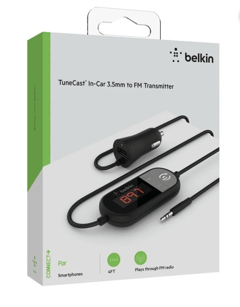Belkin Connect TuneCast in-Car 3.5mm Audio Jack to FM Transmitter for Car Black