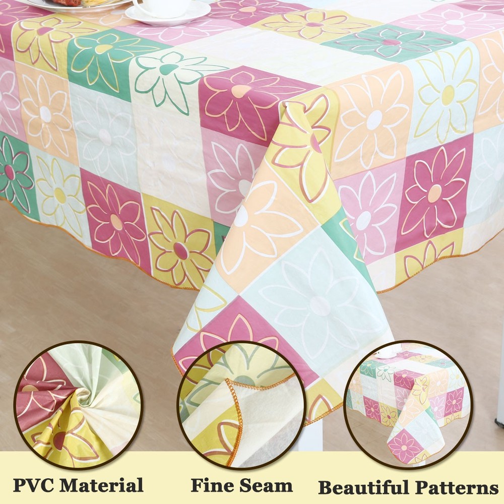 Vinyl Tablecloth Rectangle 54" x 71" Plaid Flower Pattern Water