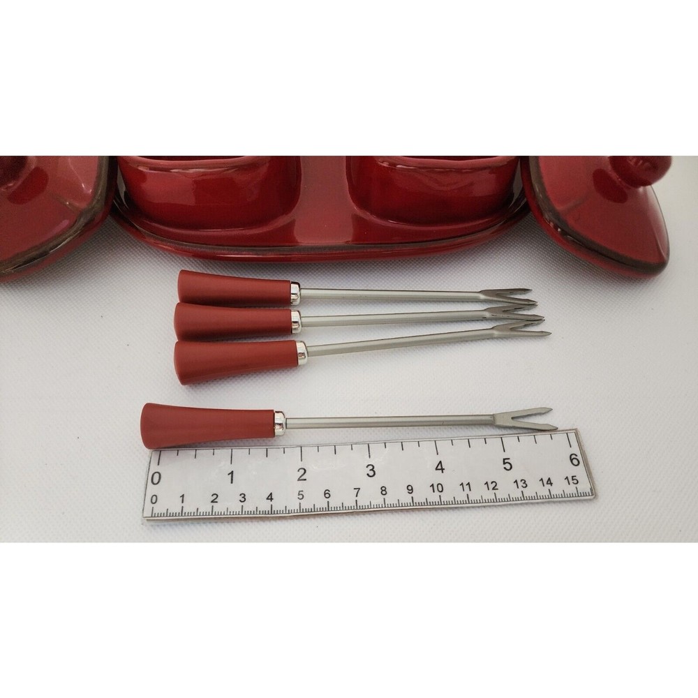 Condiment Server-Pottery Barn-4 Sections-Forks-Burgundy/Red-Square Server