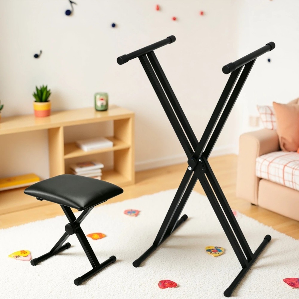 Folding Keyboard Stand & Stool Set - X-Style Adjustable Double Braced Dual-Tube