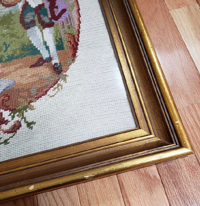Vintage Colonial Framed Needlepoint Home Decor Wall Hanging