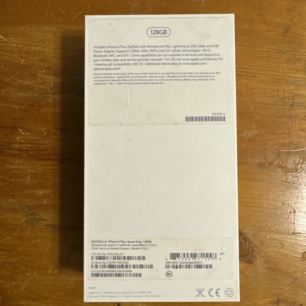 APPLE IPHONE 6 PLUS SPACE GRAY 128GB BOX ONLY