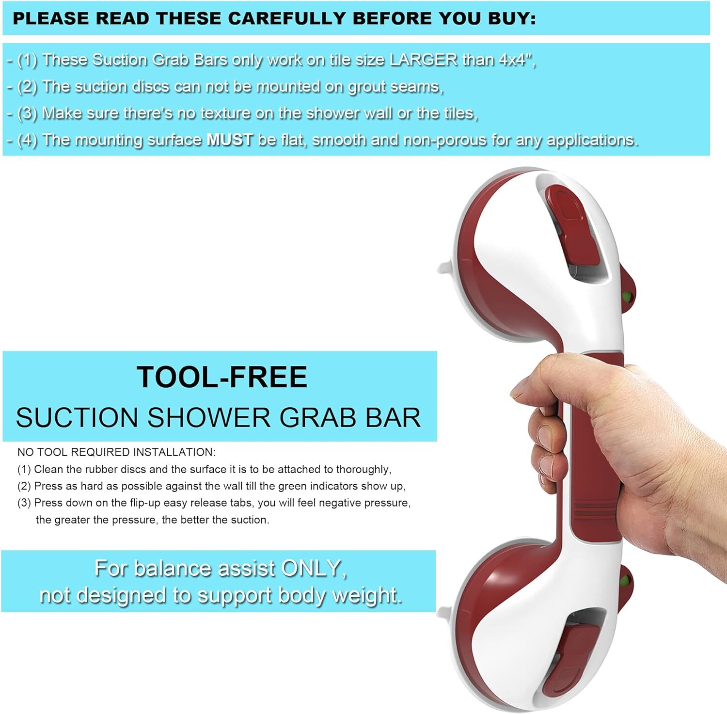 17in Suction Shower Grab Bar with Indicators, Balance Assist Steady Handle