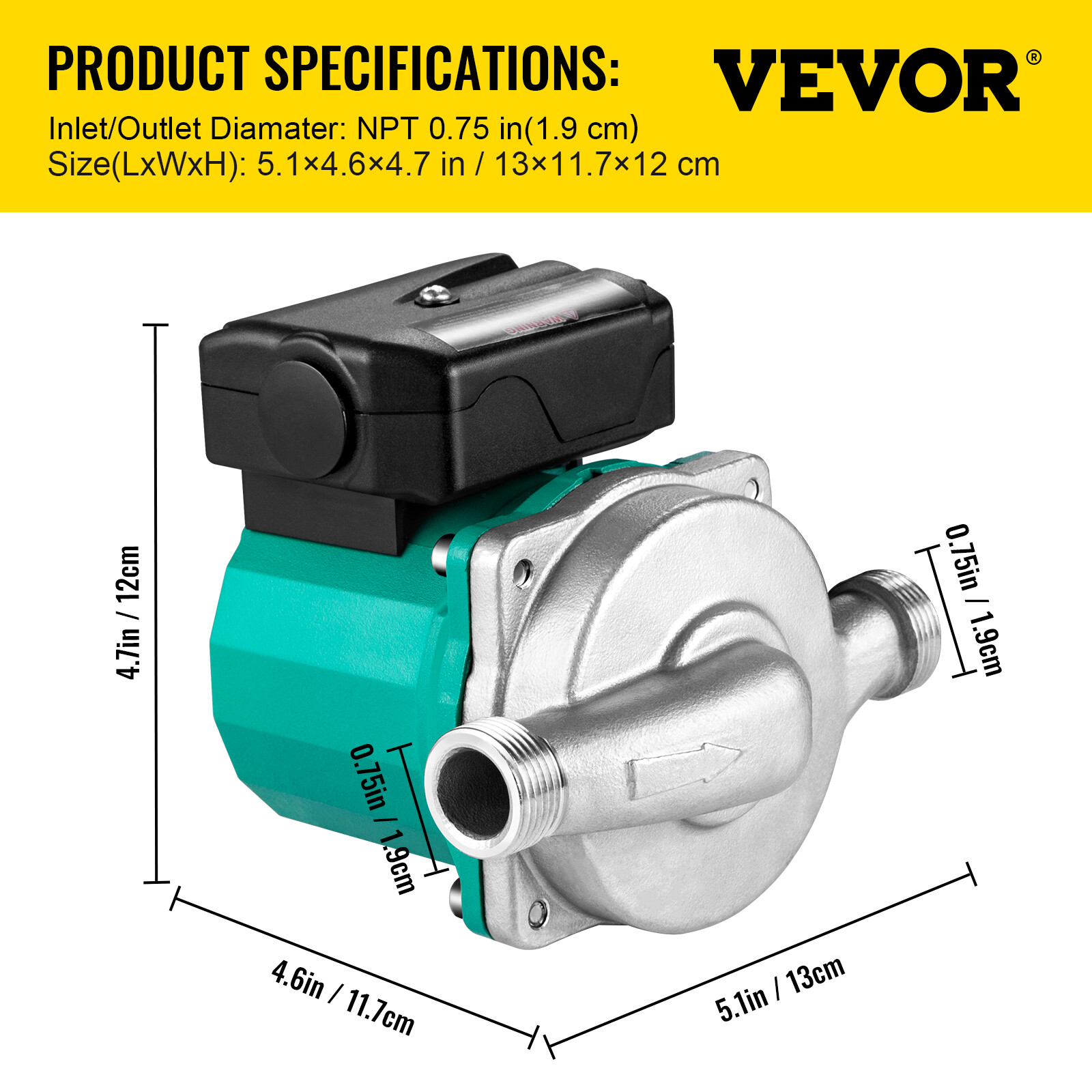 VEVOR Hot Water Circulation Pump 3-Speed Domestic Pump 93W Stainless Steel