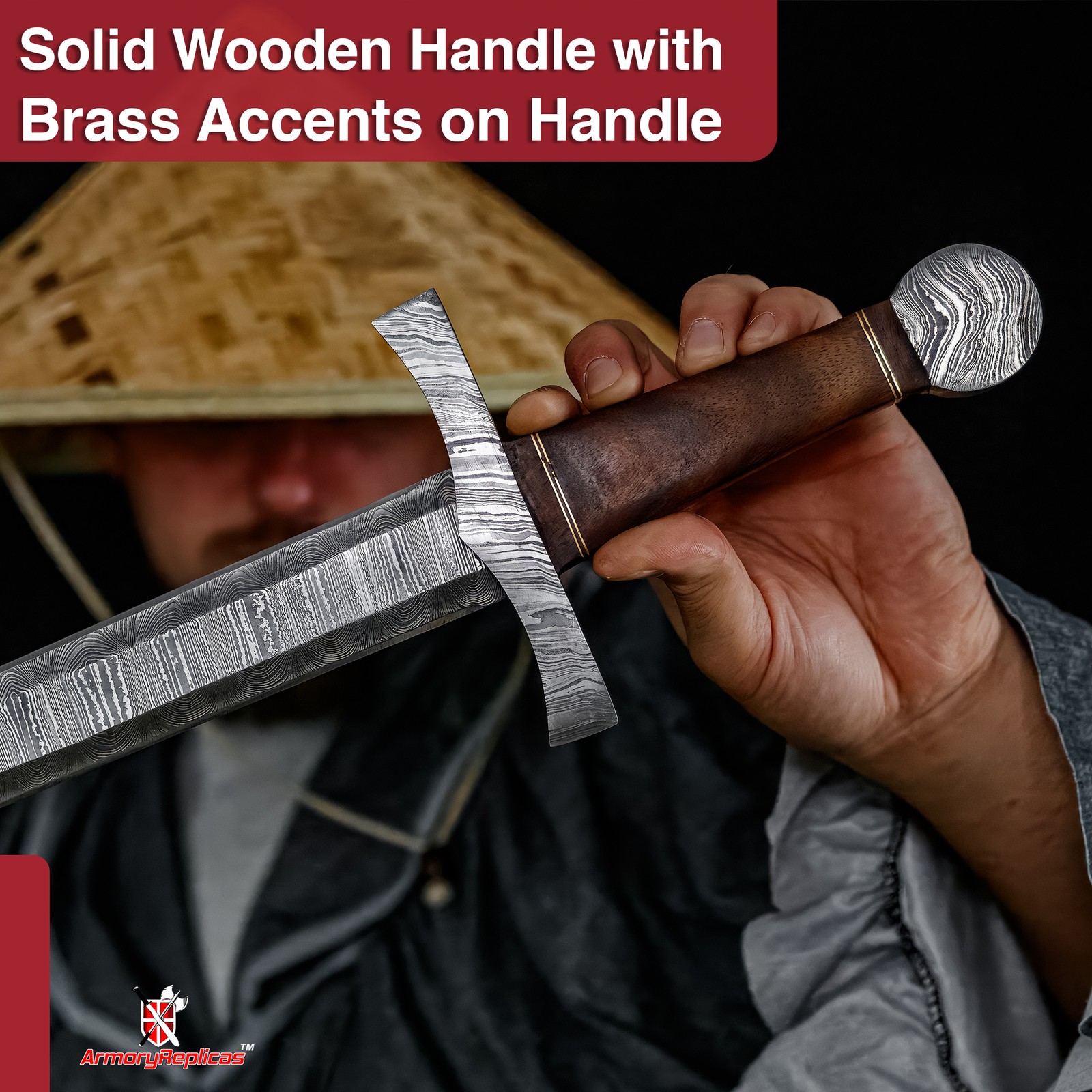 Damascus Steel Arming Dagger Full Tang Short Sword Sheesham Wood Brass w/ Sheath