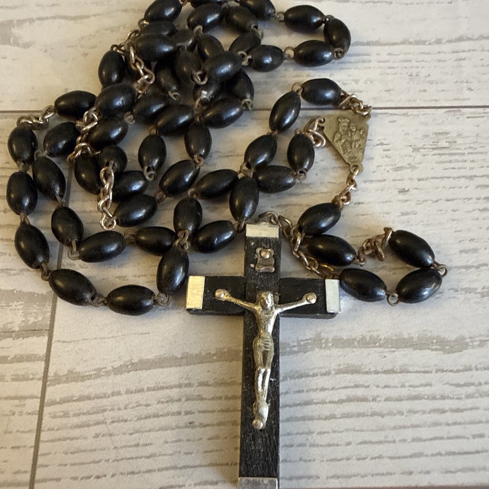 Vintage Italian Crucifix Rosary Black Wood Beads Italy 22”
