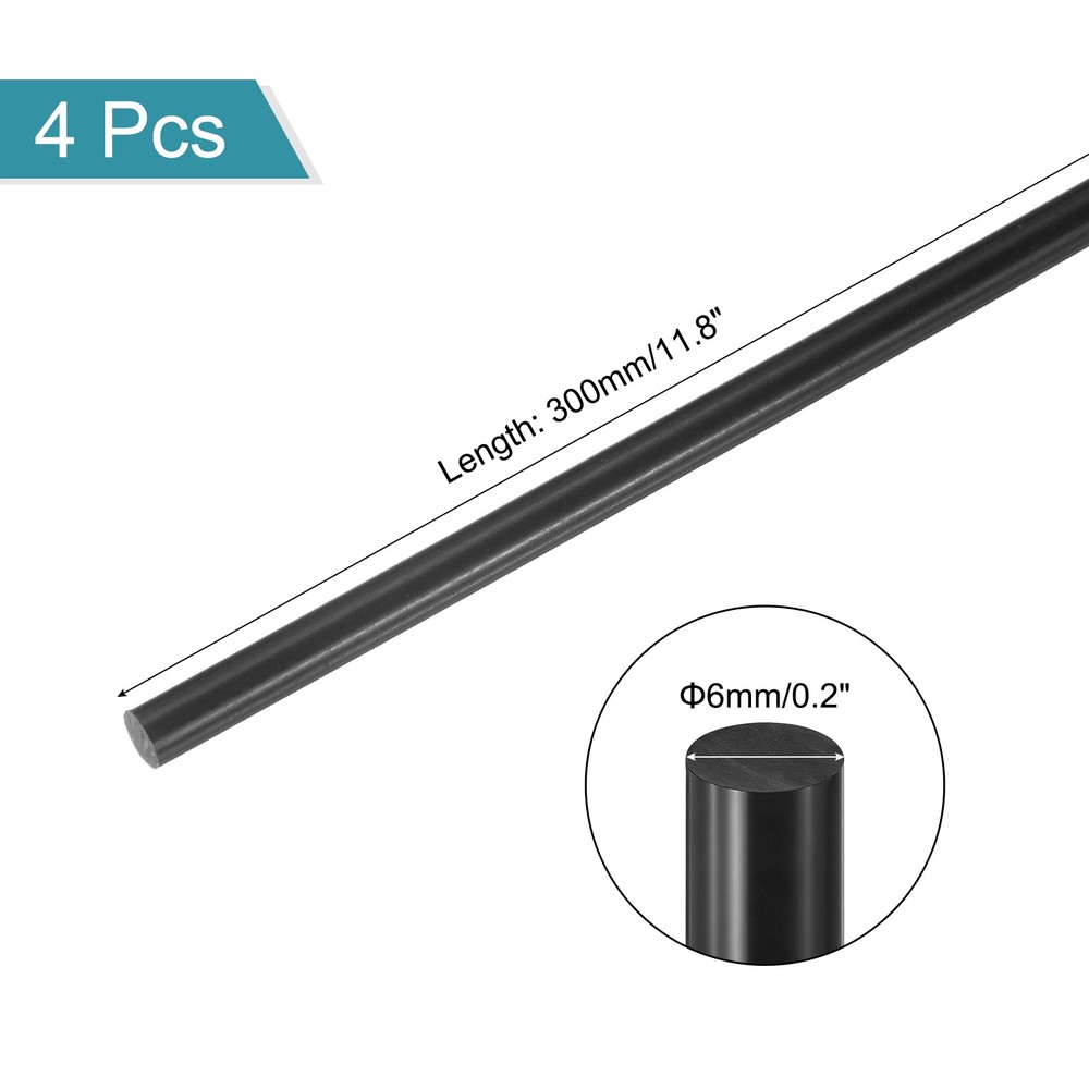 4Pcs ABS Plastic Rods, Diameter 6mm Length 300mm Black Stick Solid Bar