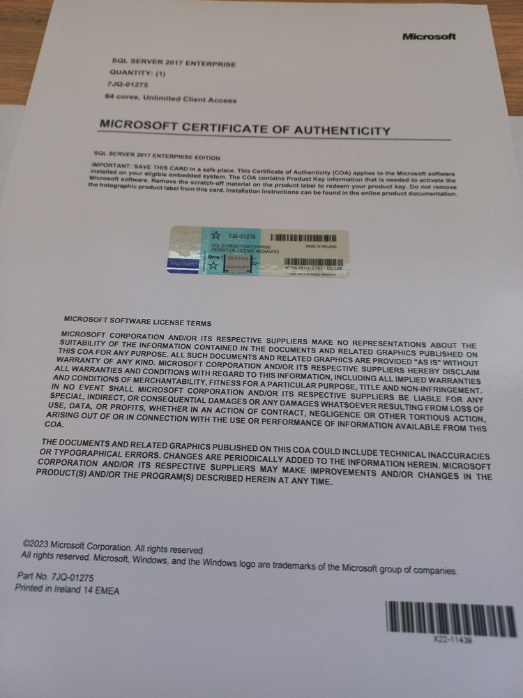 Microsoft SQL Server 2017 ENTERPRISE 64 Core Unlimtd CAL CoA Authentic 7JQ-01275