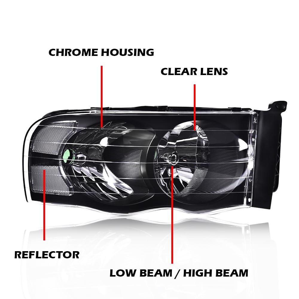 Halogen Headlight Assembly for 2002-2005 Dodge Ram, Black Housing