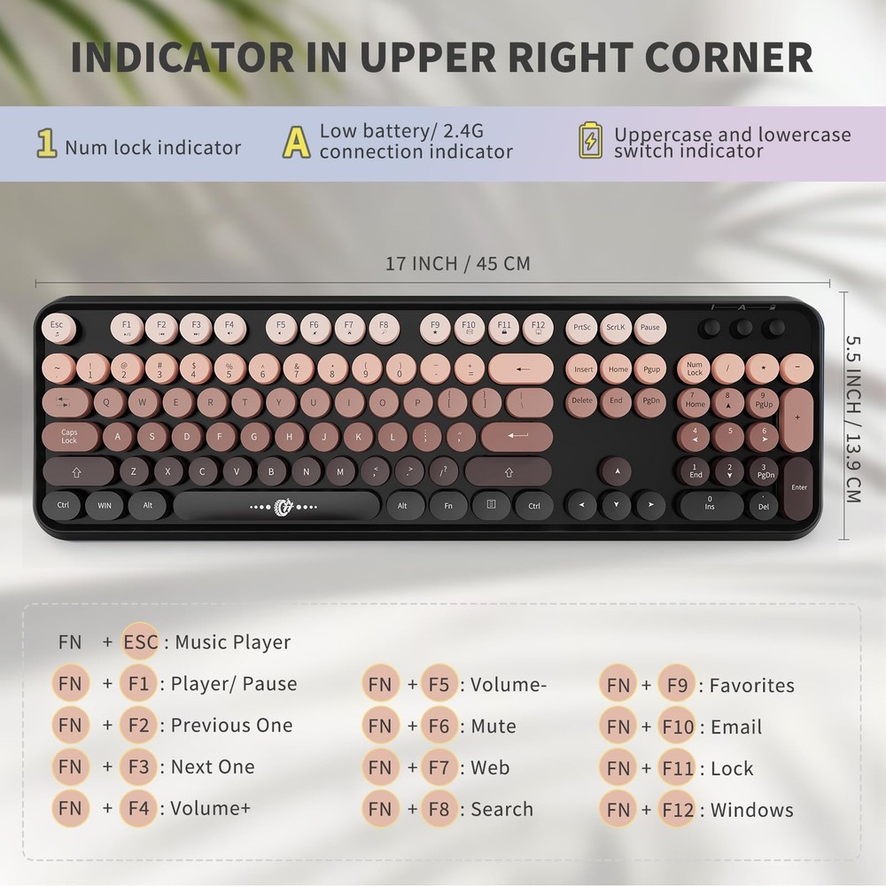 Wireless Keyboard and Mouse Combo 104 Round Retro Keys Black Color