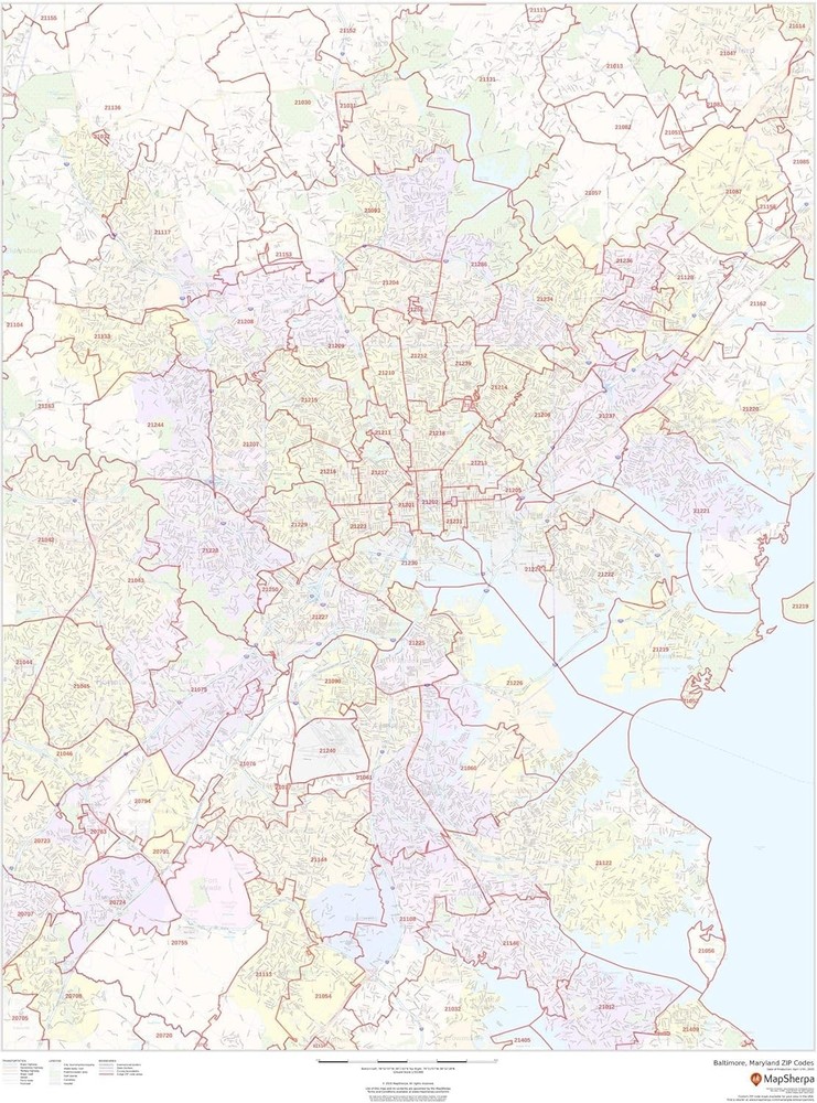 Baltimore, Maryland ZIP Codes Laminated Wall Map-NEW!
