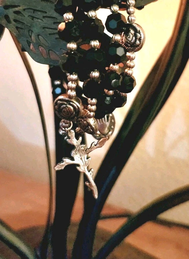 Artisan Hand Crafted Black & Silver Crystal Bead Wraparound Rosary Bracelet