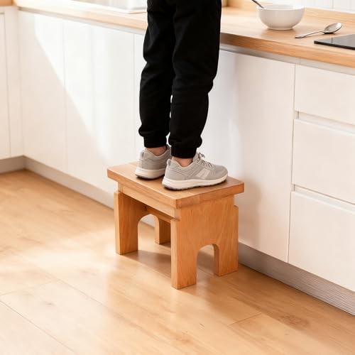 Wood Step Stool, 7.5 Inch Solid Bedside Foot Stool with Non-Slip Mat, Small